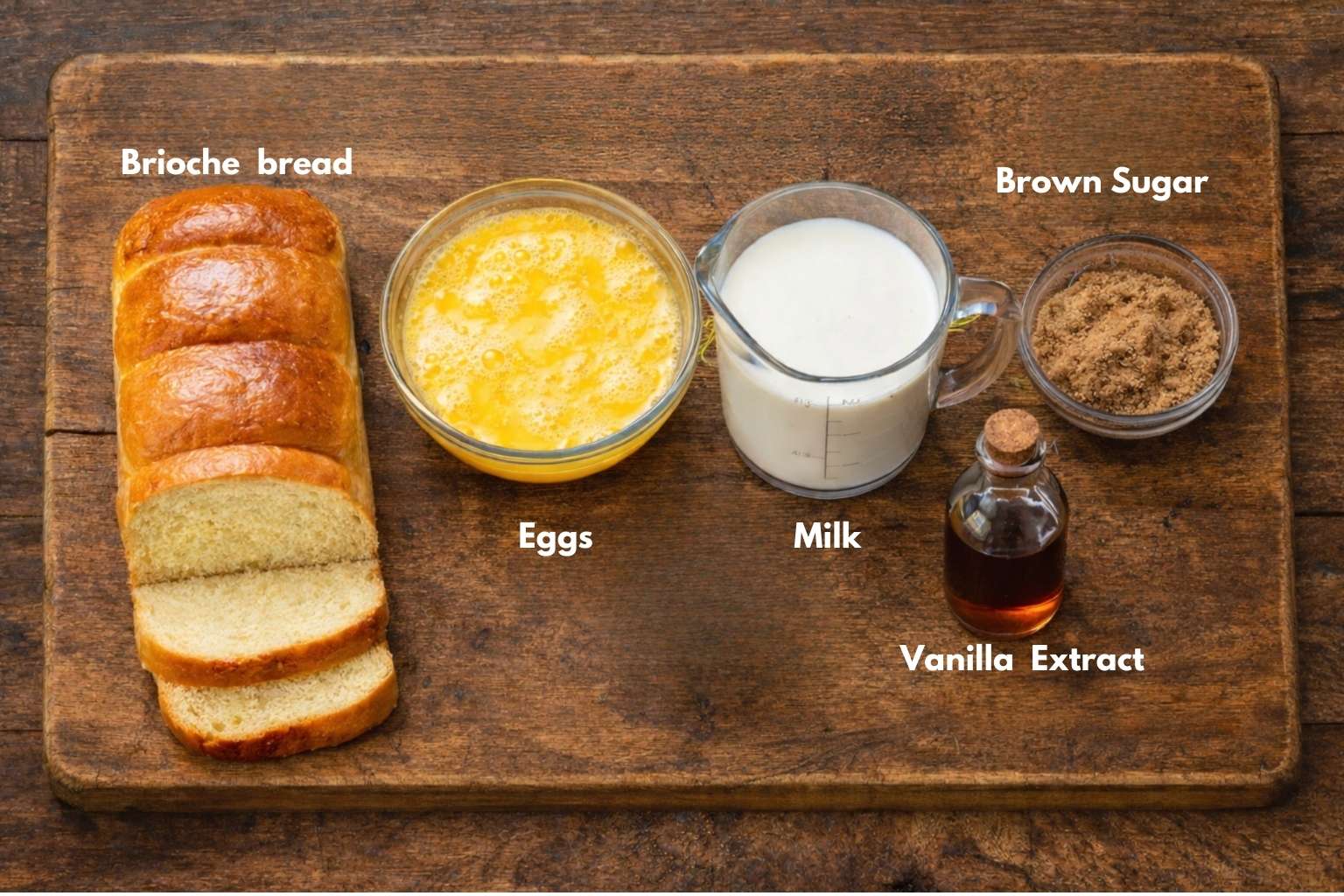 Key ingredients that go into brioche French toast, overnight casserole on a rustic cutting board. It includes brioche bread, eggs, milk, vanilla extract, brown sugar.