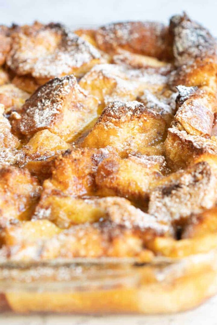 brioche-french-toast-casserole in glass baking dish