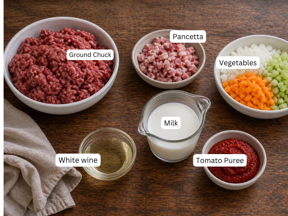 Ragu à la Bolognese ingredients on top of a wood cutting board. It concludes includes beef, pancetta, vegetables, milk, wine, and tomato paste.