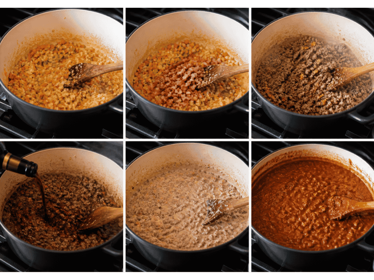 Process shots of how to make ragu alla Bolognese recipe