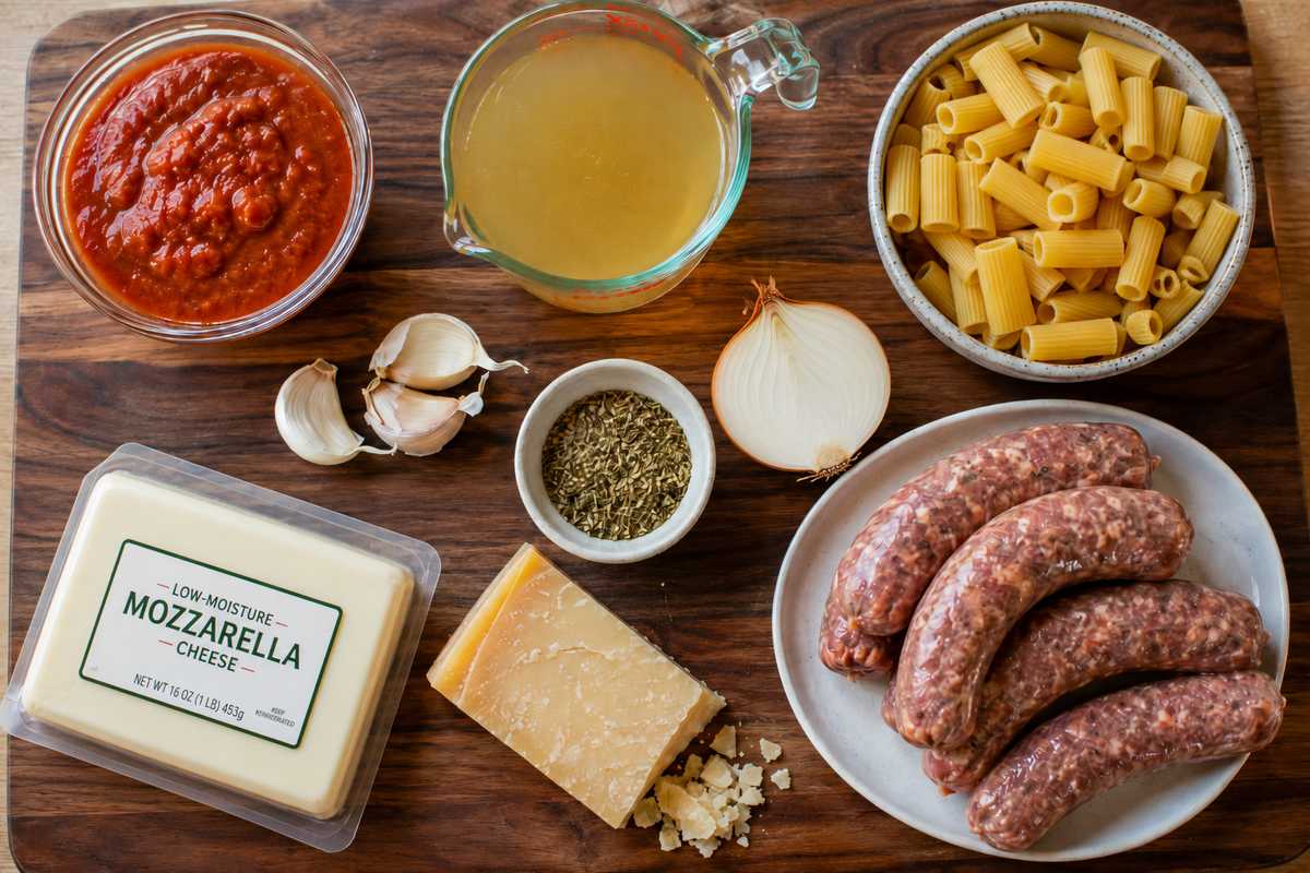 IIngredients for one pot sausage pasta bake including rigatoni, Italian sausage, marinara, mozzarella, Parmesan, garlic, chicken broth and Italian seasoning.