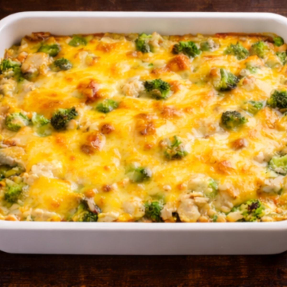 Old-fashioned chicken and rice bake with broccoli and melted cheese on top and a white casserole dish