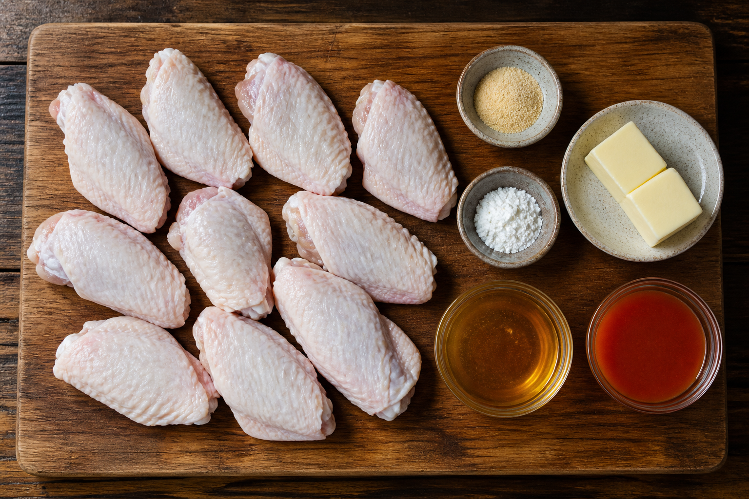 hot honey chicken wings ingredients on a wood cutting board. Chicken wings, honey, hot sauce, butter, and seasonings for hot honey wings.