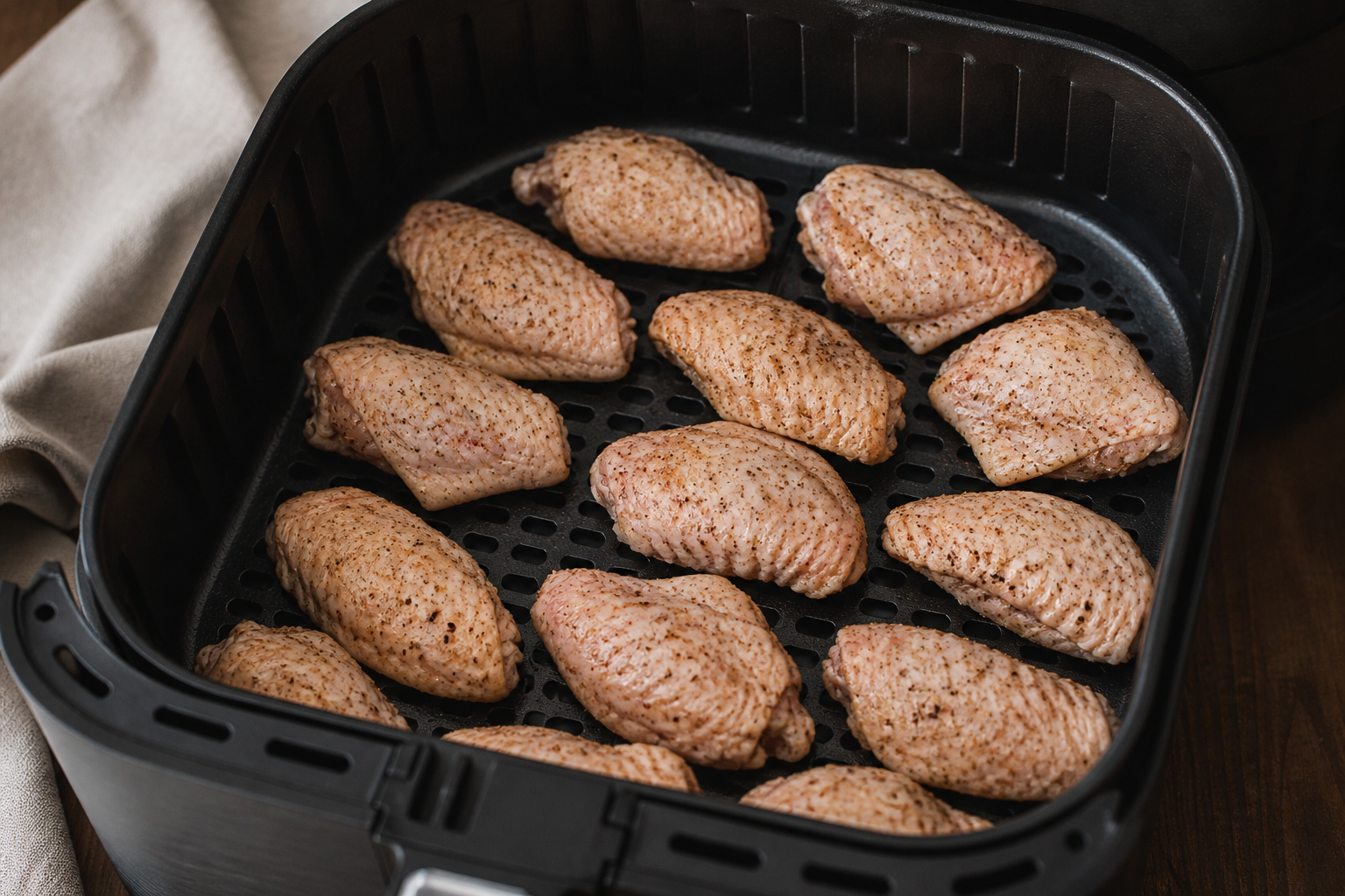 hot honey wings process shot. Wings in an air fryer.