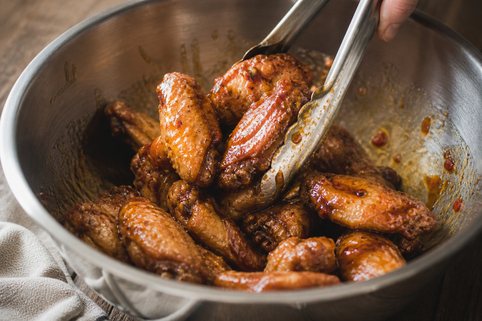 Hot honey chicken wing process showt.  Wings tossed in hot honey sauce.