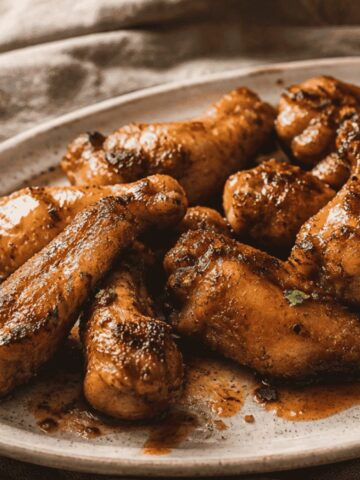 hot honey chicken wings on a cream platter with a natural linen napkin underneath
