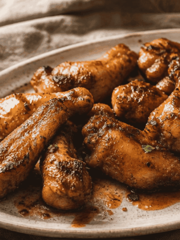 hot honey chicken wings on a cream platter with a natural linen napkin underneath