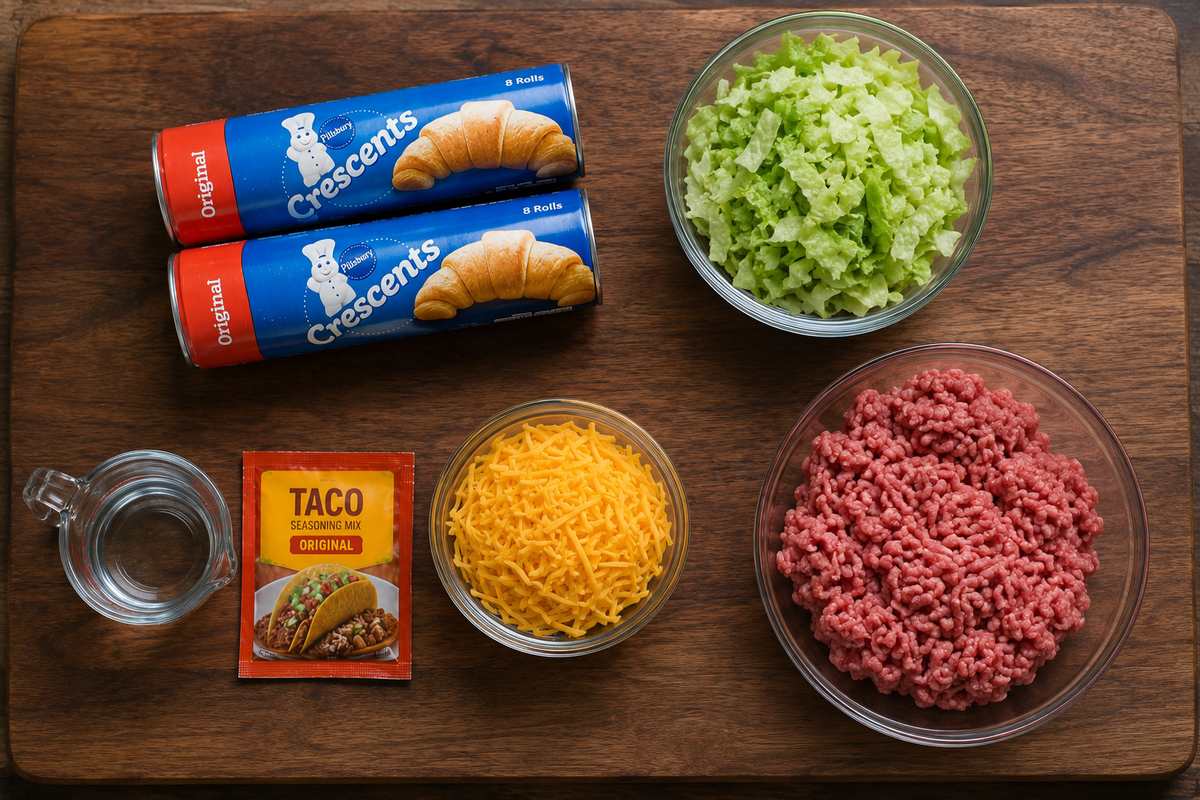 Ingredients for an easy taco ring with ground beef, cheddar cheese, taco seasoning, crescent rolls, water, and shredded lettuce.