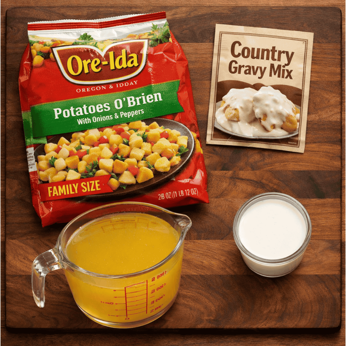 A flat lay of all the ingredients that go into my four ingredient potato soup recipe. It has frozen potatoes, country, and gravy, chicken stock and cream on a walnut cutting board.