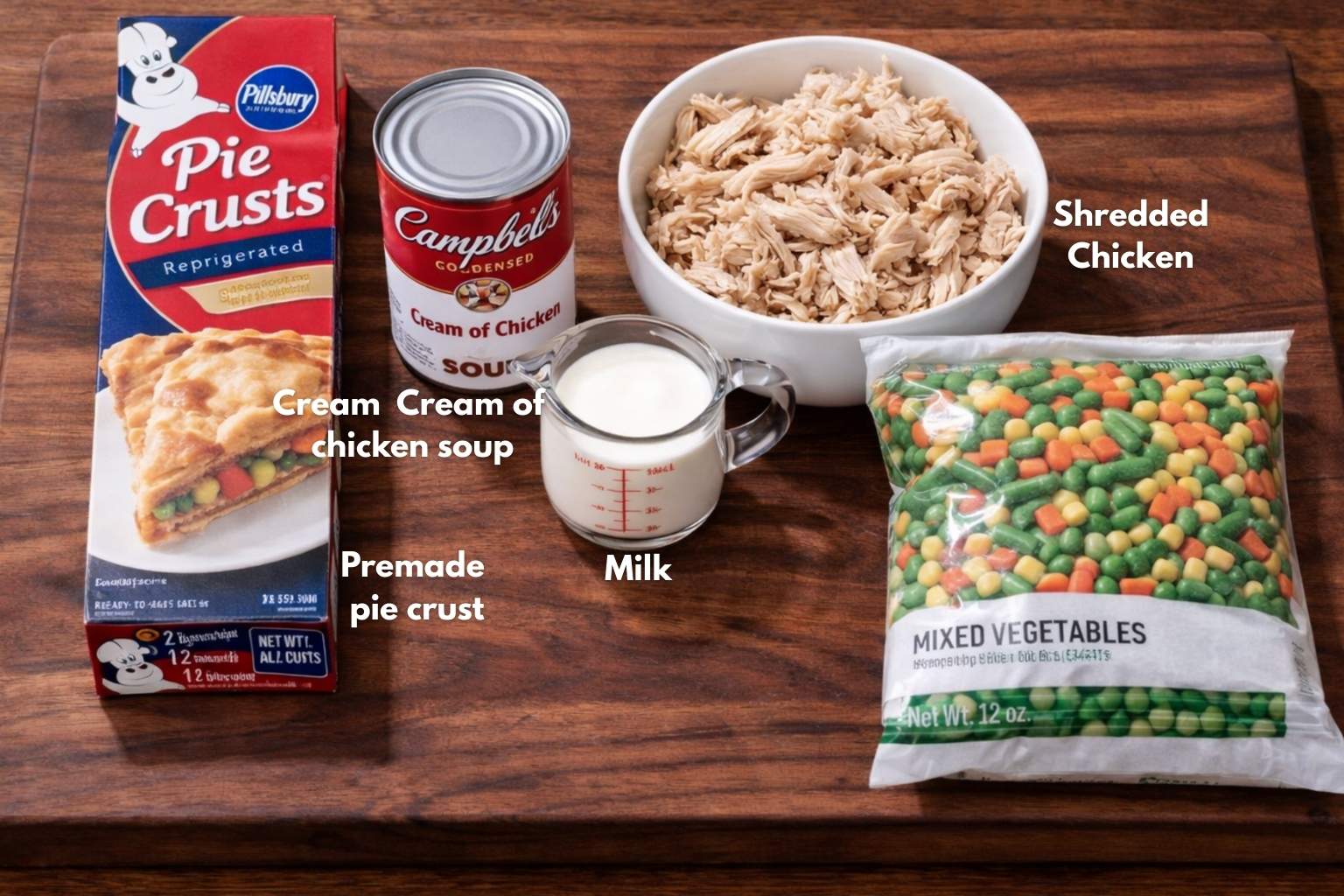 Key ingredients for the chicken pot pie recipe with cream of chicken soup. They include premade pie crust, cream of chicken, soup, milk, shredded chicken, and vegetables.