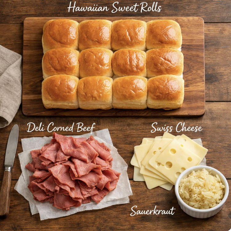 A flat lay of all the ingredients needed to make these corn beef sliders. It includes Hawaiian rolls, corn, beef, sauerkraut, Swiss cheese. All laid out on a wood cutting board.