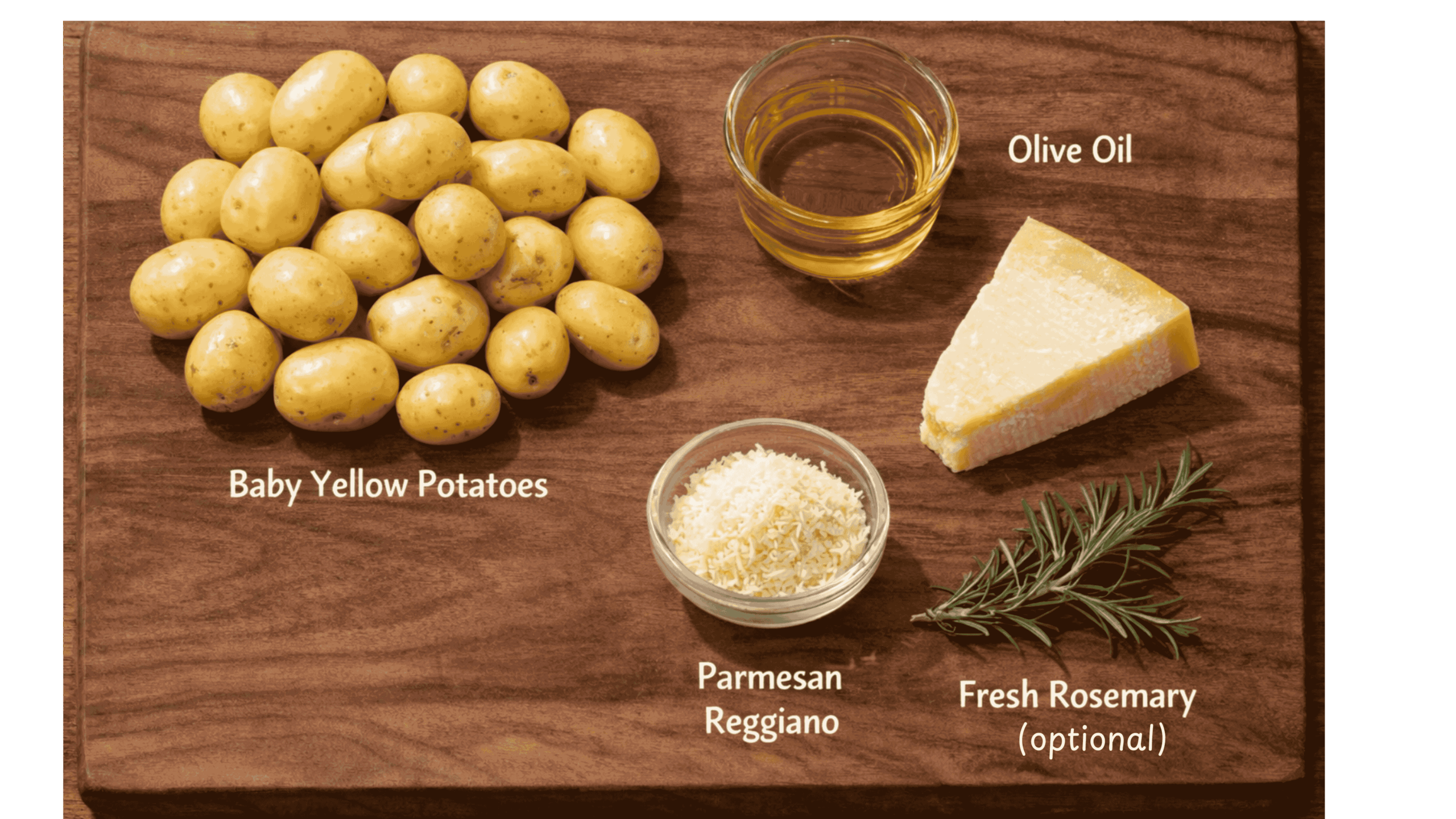 Flat lay of ingredients used to make my garlic Parmesan potatoes. It includes potatoes, olive oil, Parmesan Reggiano and fresh rosemary is an optional ingredient.