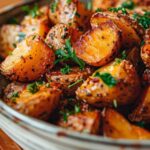 Crispy roasted parmesan potatoes with herbs and garlic, served in a rustic bowl – perfect easy side dish for dinner or holiday meals