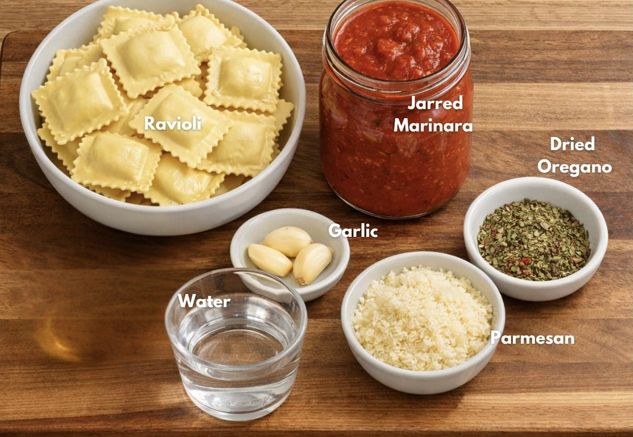 ingredients for ravioli in marinara sauce.