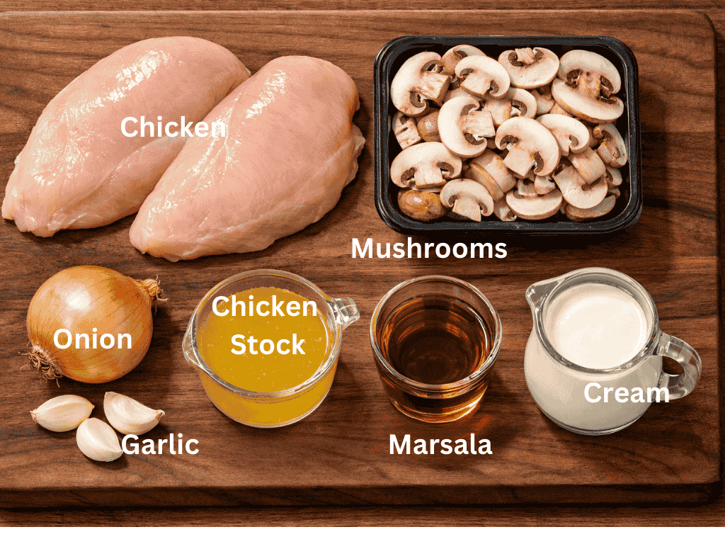 Raw chicken breasts, sliced mushrooms, onion, garlic, chicken stock, Marsala wine, and cream on a walnut cutting board for chicken Marsala.