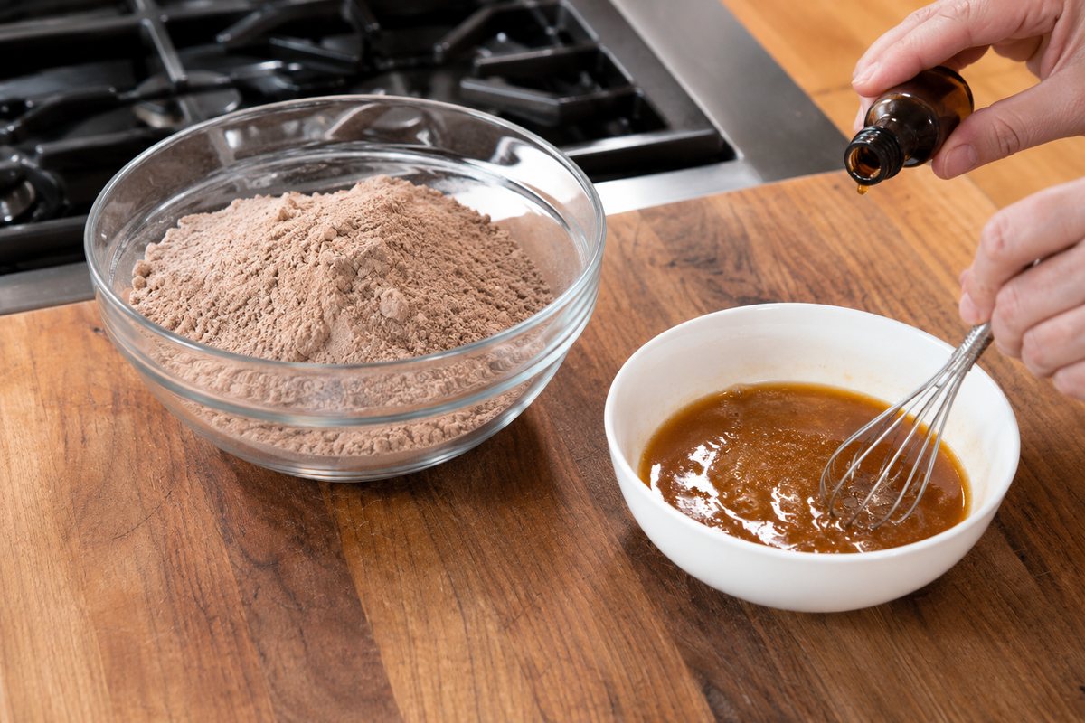 Boxed brownie mix in a glass bowl with brown butter, egg, coffee and vanilla mixture ready to combine.