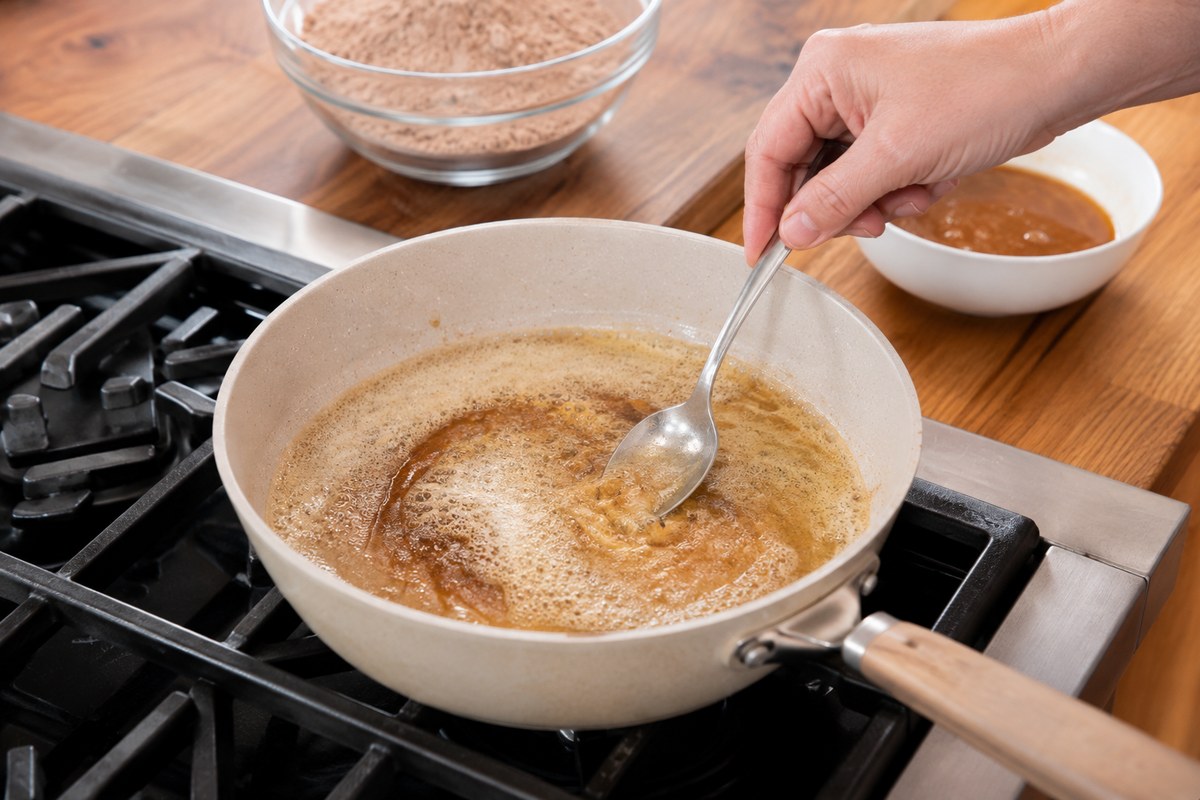 Butter browning in a light-colored skillet until golden and nutty for boxed brownies.
