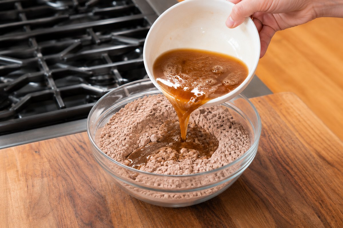 Brown butter, egg, coffee and vanilla mixture being poured into boxed brownie mix.
