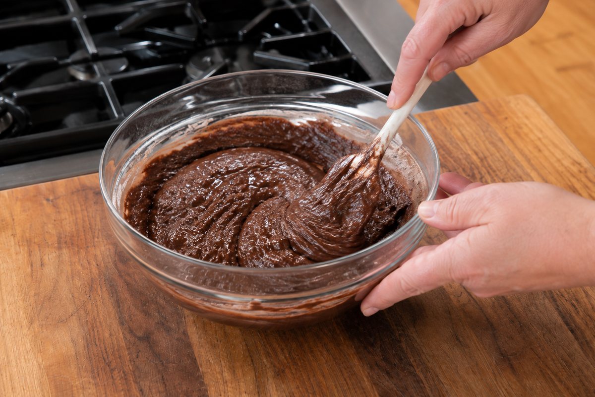 Thick chocolate boxed brownie batter being stirred in a clear glass mixing bowl.