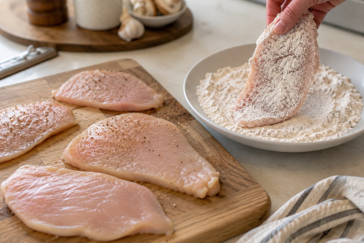 Thin chicken cutlets being lightly dredged in seasoned flour for Chicken Marsala