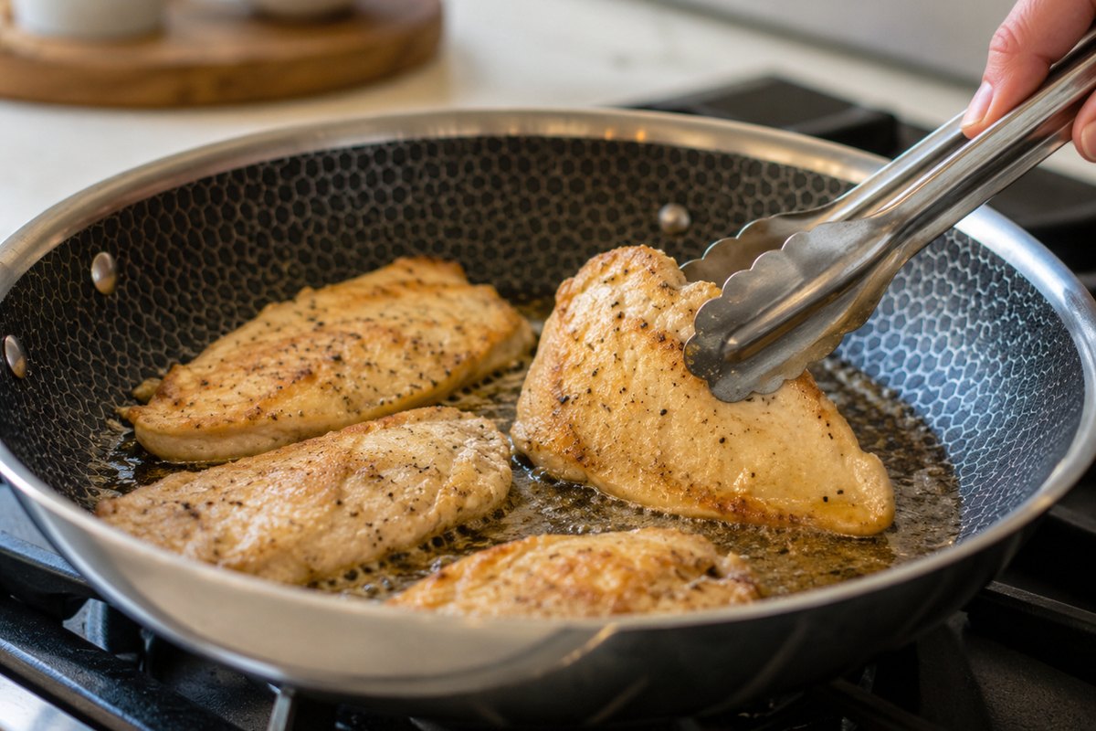 Floured chicken cutlets browning in a skillet for Chicken Marsala
