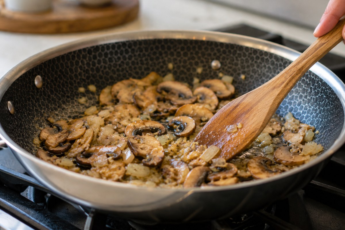 Sliced mushrooms and onions browning in the skillet for Chicken Marsala sauce