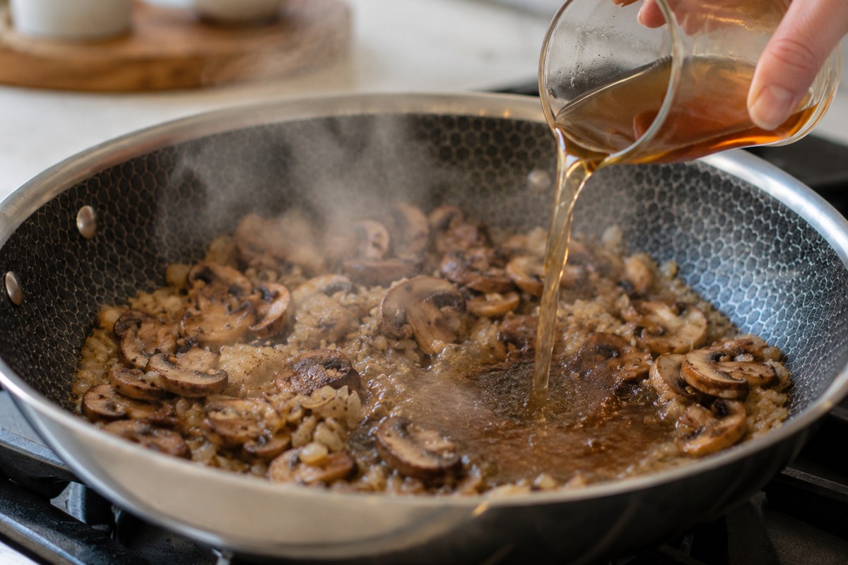 Marsala wine being poured into browned mushrooms and onions to deglaze the skillet