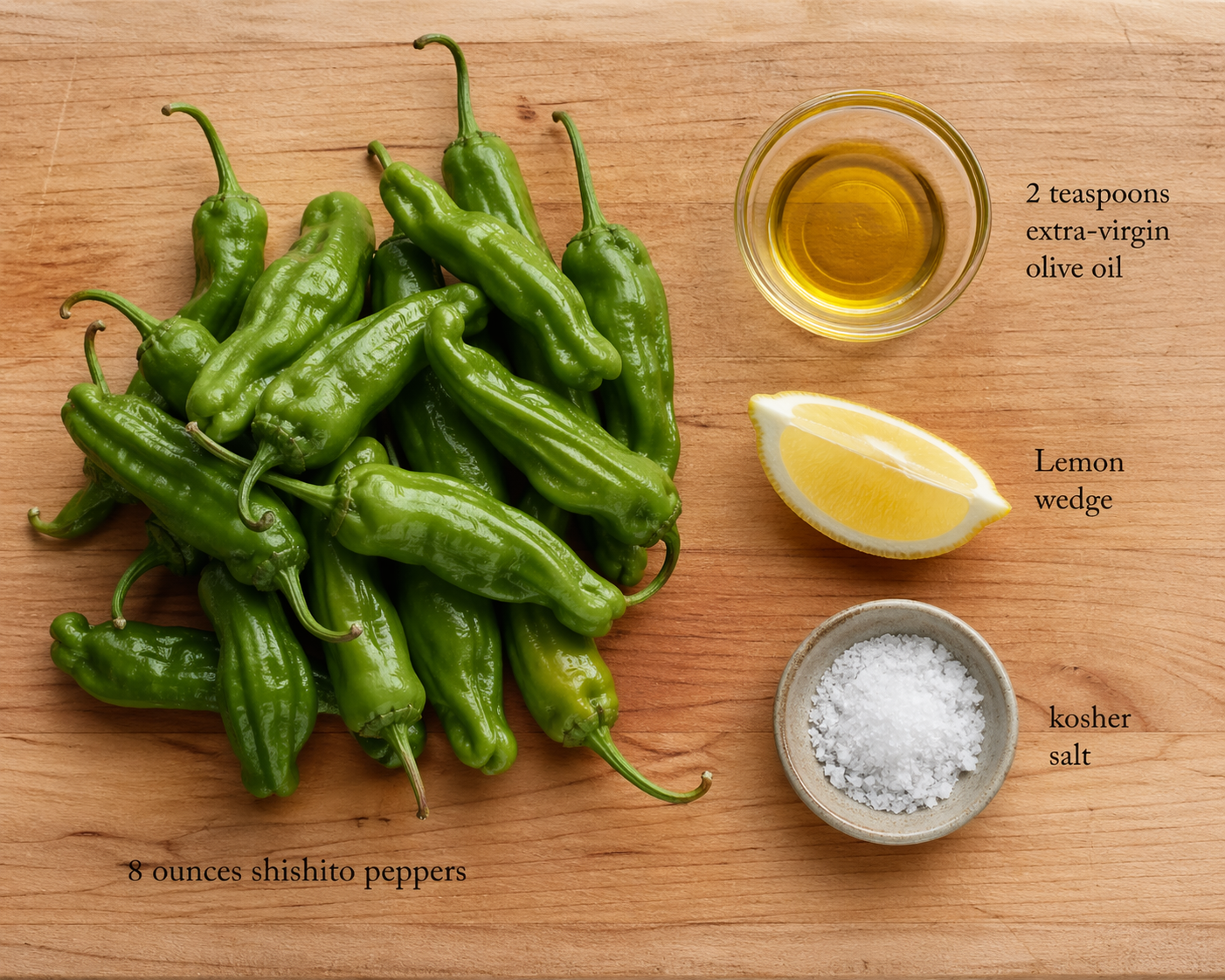 Flat lay of Shishito Pepper Recipe ingredients for, including peppers, olive oil, lemon, and salt.