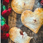 Heart-shaped and round hand pies dusted with powdered sugar are on a rustic wooden surface. Red carnations are arranged to the side. One heart-shaped pie is broken, revealing a fruit filling.