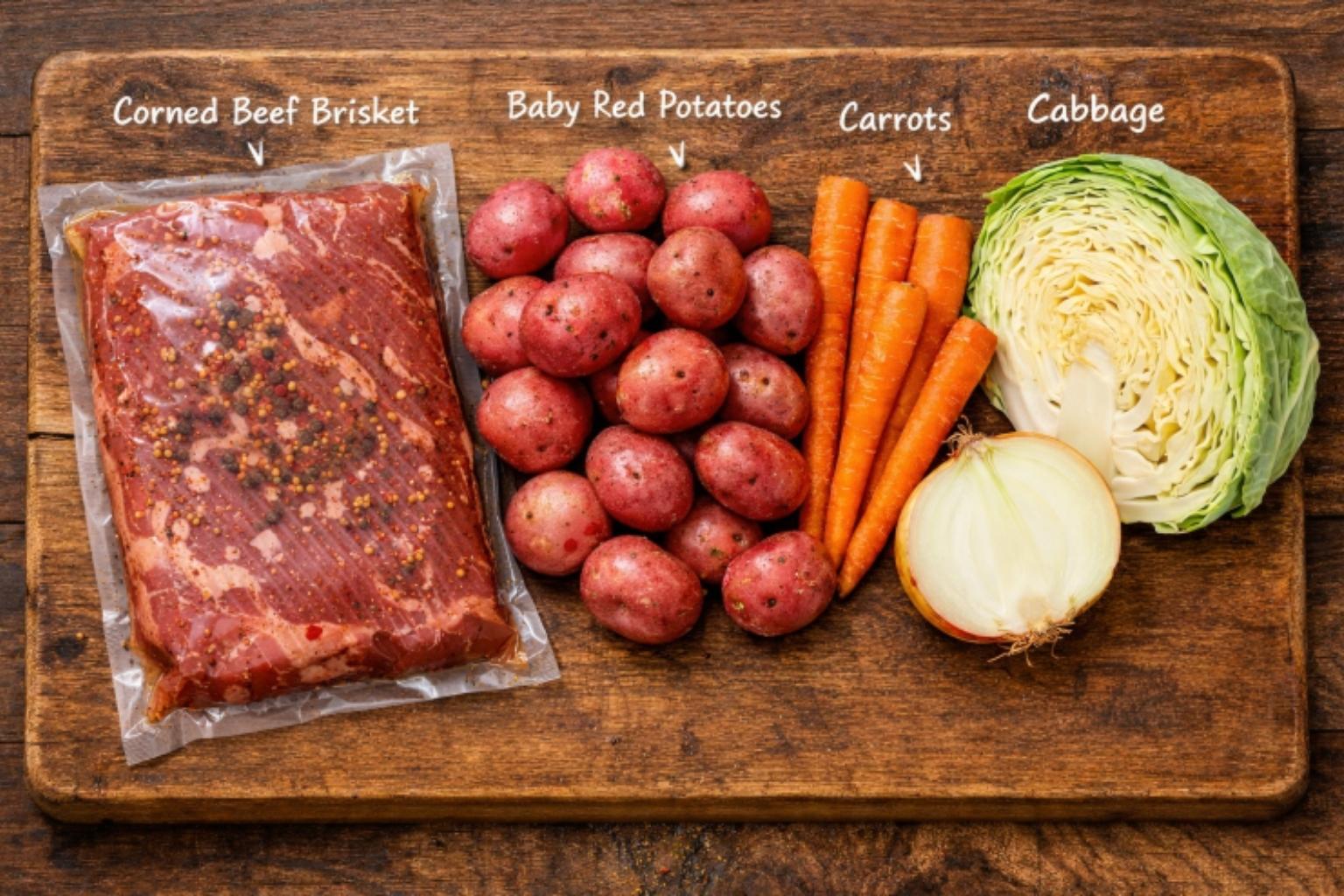 Ingredients for the best corned beef and cabbage recipe on a walnut cutting board. There's corn, beef and cabbage, and a marinade of spices and salt, baby potatoes, corn, carrots, onion, cabbage.