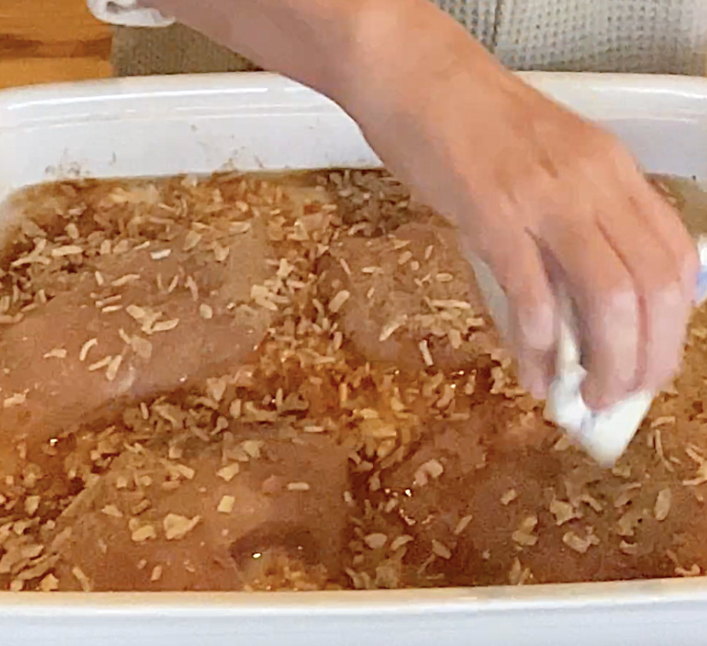 But an onion soup mix added to the top of chicken, creamish mushroom soup and rice and a baking dish.