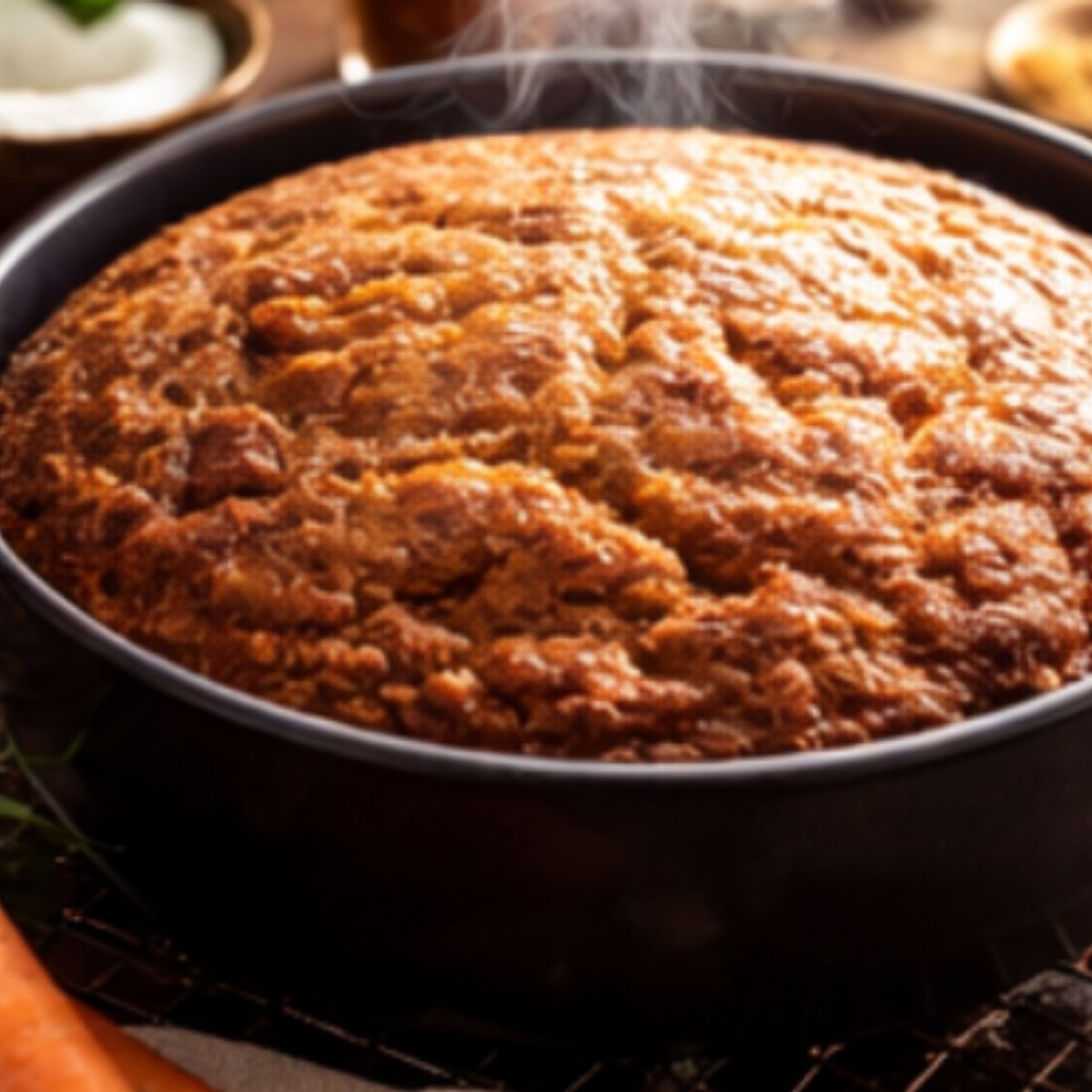 Carrot cake, freshly baked in a round pan