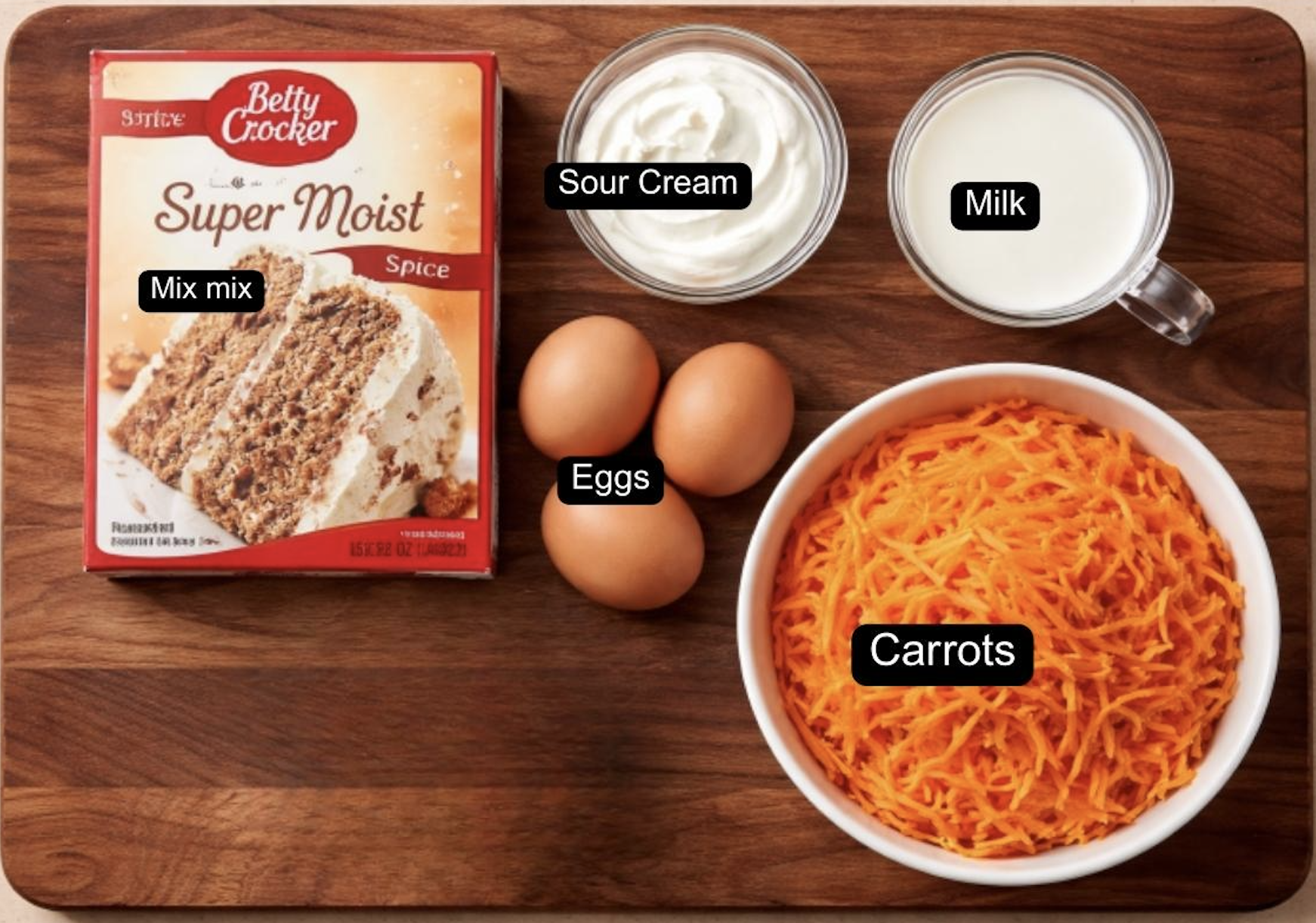 Flat lay with ingredients to make a carrot cake box cake mix cake. It has spice cake mix, sour cream, milk, eggs, and shredded carrots.