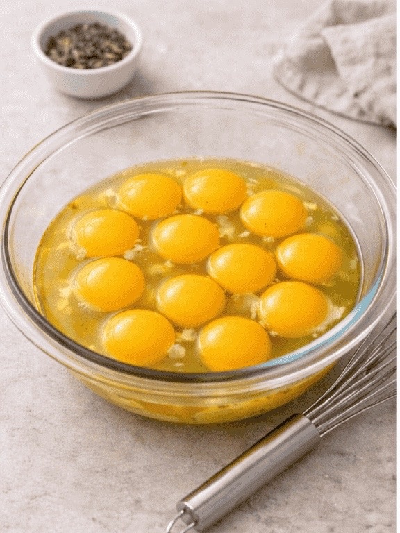 Eggs in a clear bowl that have been cracked ready to be whisk. With a whisk sitting by it and a dish towel on a crane counter.