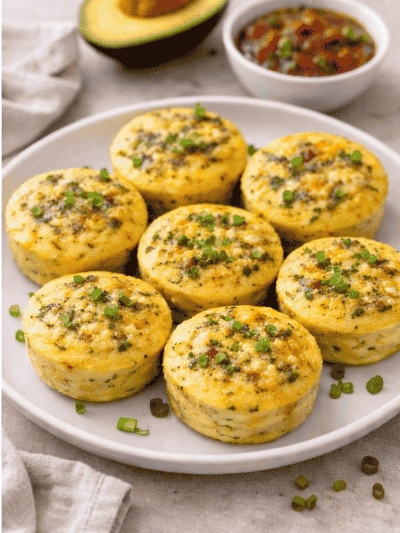 Finished ricotta or cottage cheese egg bites on a white plate, garnished with chives.