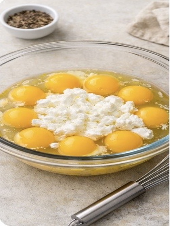 Eggs in a clear bowl and cracked with cottage cheese in the center with a whisker beside it on a dish towel.