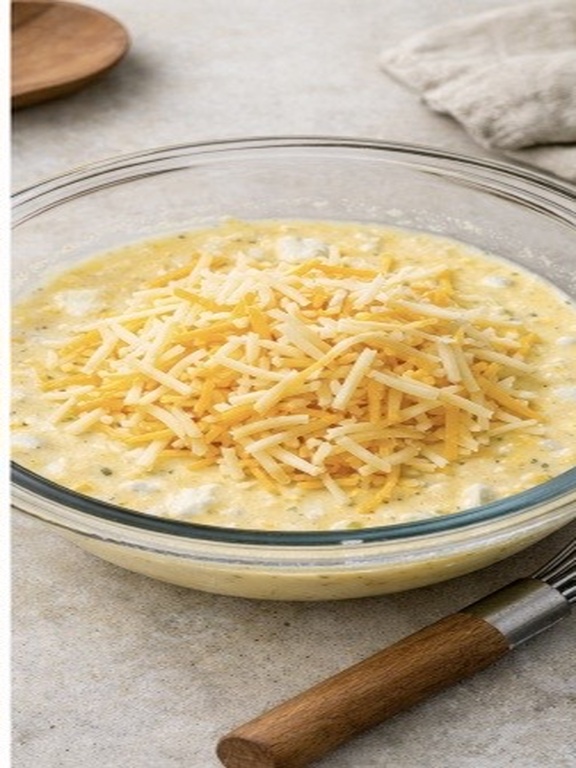 Eggs that have been whisk with cottage cheese and shredded cheese on top and a clear bowl. On a white counter with a whisk beside it.