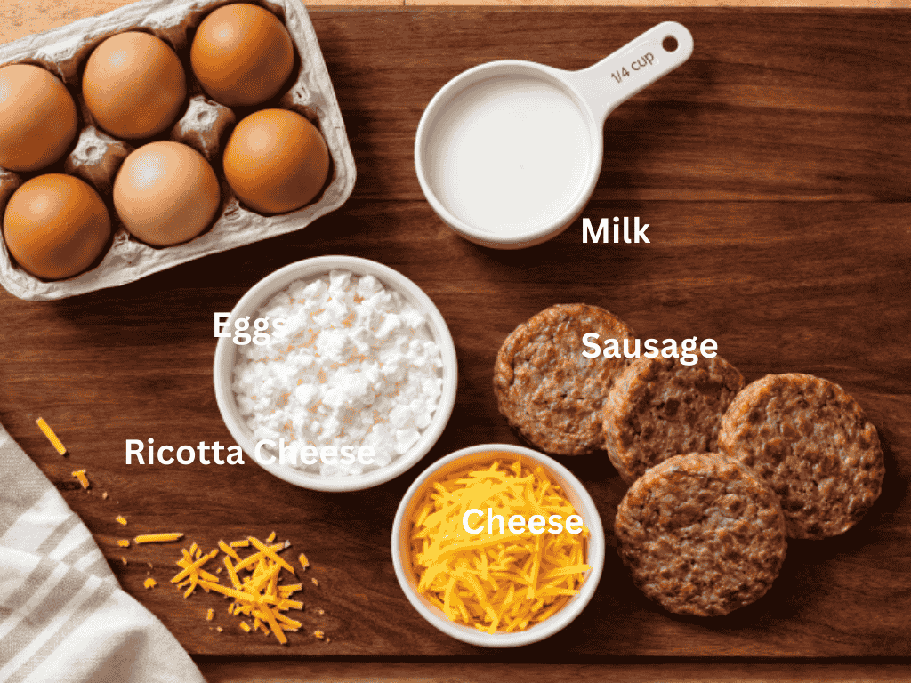 Ingredients for ricotta egg bites. It includes eggs milk ricotta cheese cheese and sausage patties on a wood cutting board with a white dish