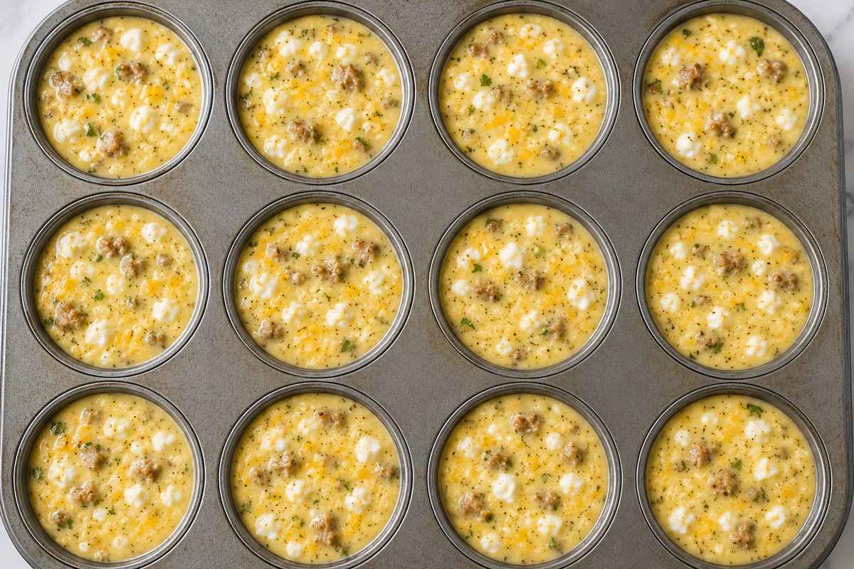 raw egg bites are being prepared in a muffin tin for baking.