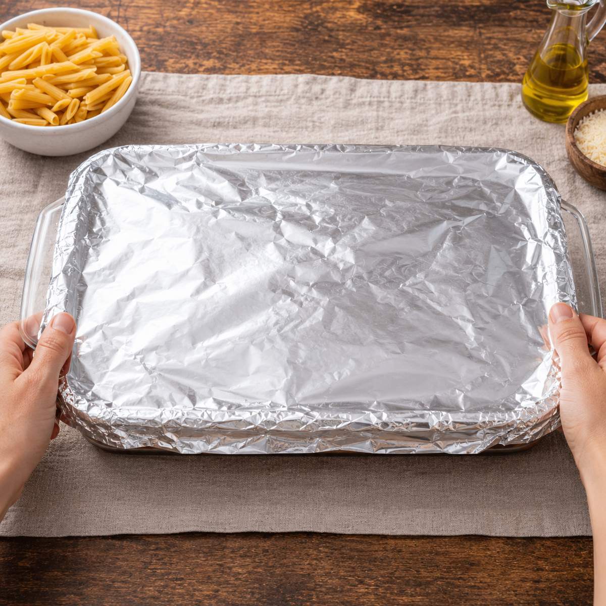 9 x 13 covered tightly with foil with two hands holding it.