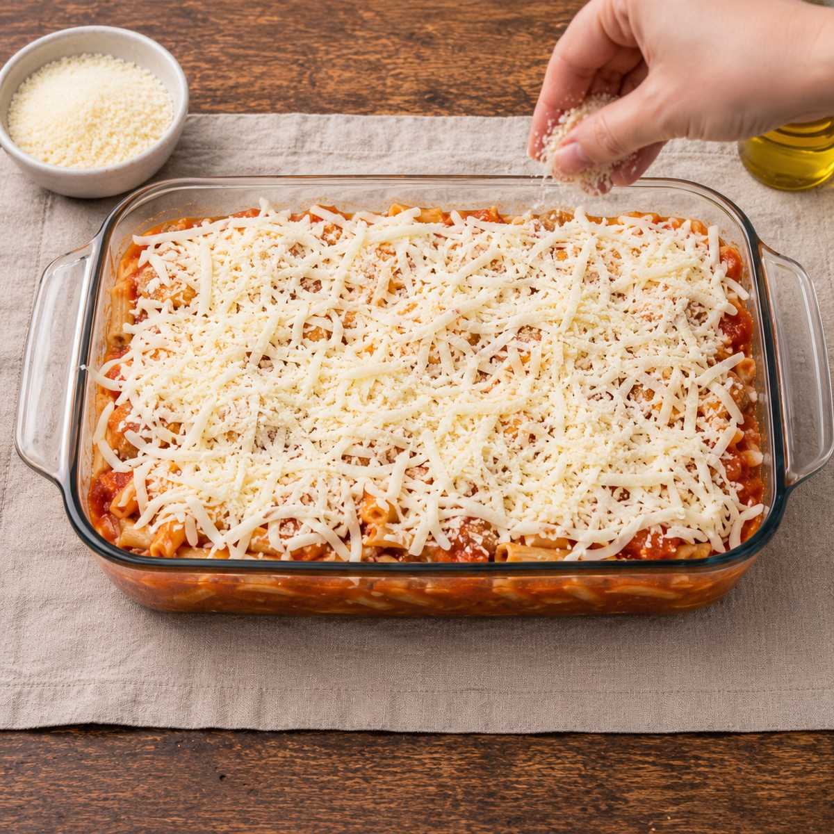 9 x 13 baking dish with chicken Parmesan bake in it and beans sprinkled with Parmesan cheese.