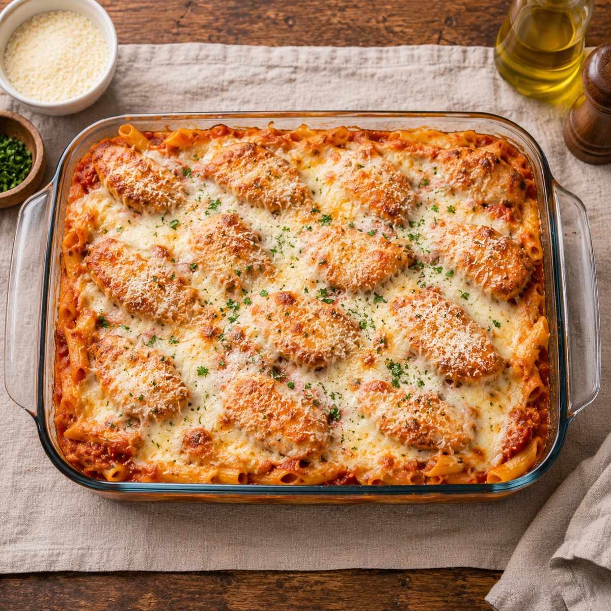 Chicken Parmesan bake with melted cheese on a linen runner with Parmesan cheese on the side.