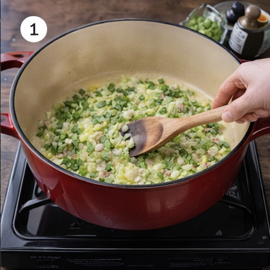 Making chicken corn chowder by sautéing vegetables, cooking in a pot for creamy chicken chowder.