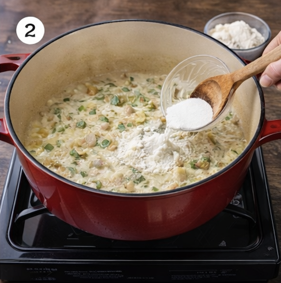 vegetables cooking in pot for creamy chicken chowder and adding flour to thicken.