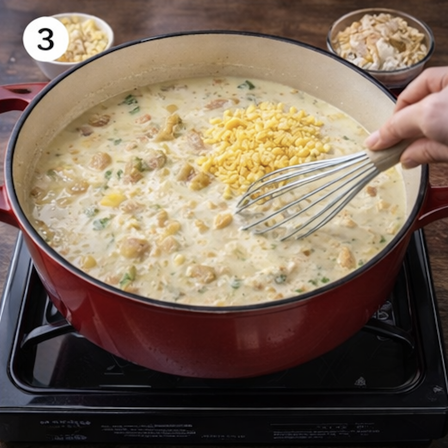 adding corn and milk to creamy corn chowder.