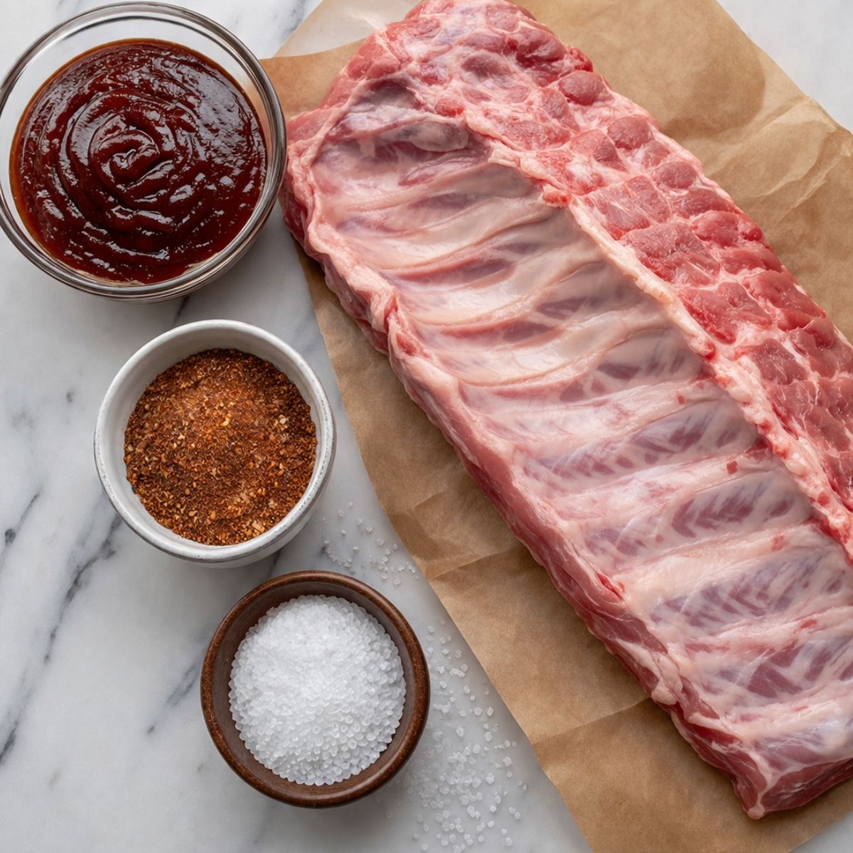 Ingredients for slow-cooked ribs that are baked in me. Ribs on parchment paper, barbecue sauce, spice rub salt.