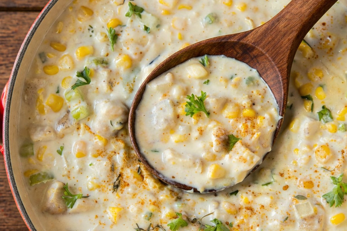 Creamy corn chowder in red Dutch oven with wooden spoon on rustic wood table