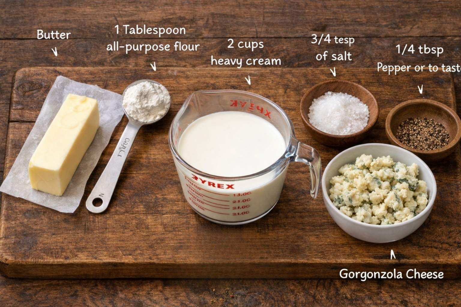 Ingredients for the gorgonzola cream sauce recipe are laid out on a walnut cutting board.