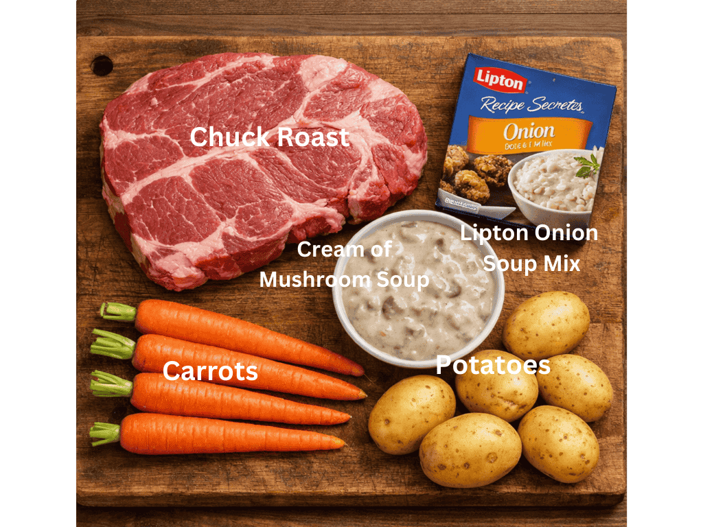 a walnut cutting board. The ingredients are chuck roast, whipped and onion soup mixed cream of mushroom soup, potatoes and carrots.
