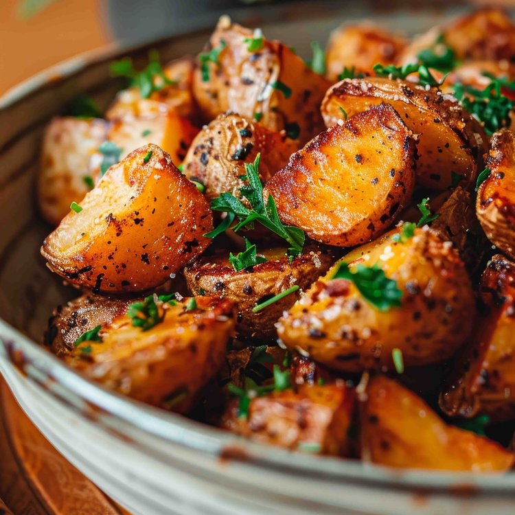 Crispy garlic, Parmesan potatoes and a clay bowl garnished with parsley.